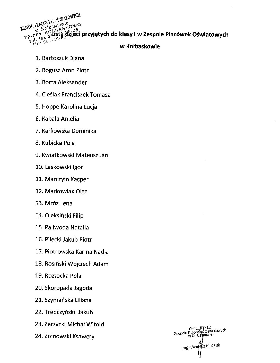 Lista dzieci przyjętych do klasy I w Zespole Placówek Oświatowych w Kołbaskowie